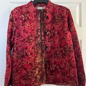 Chico's Vintage Jacket Red/Gold Metallic Floral, Silk Blend, Size 1